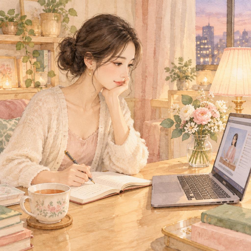 夜晚在家透過線上課程自學、專注筆記的優雅女性柔彩插畫