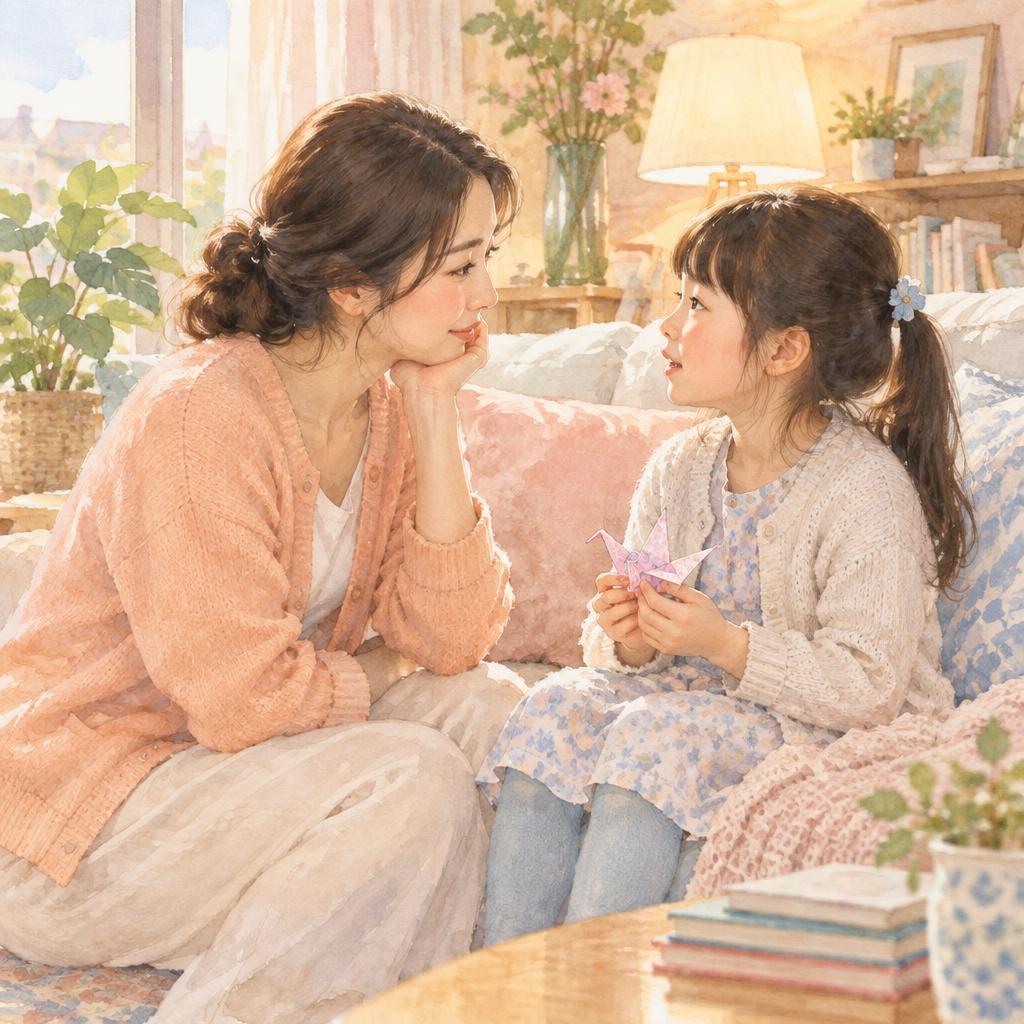 母親與女兒在沙發上溫柔對話的插畫