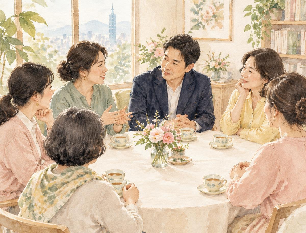 女性夥伴與男性主持人圍坐交流的柔彩情境插畫