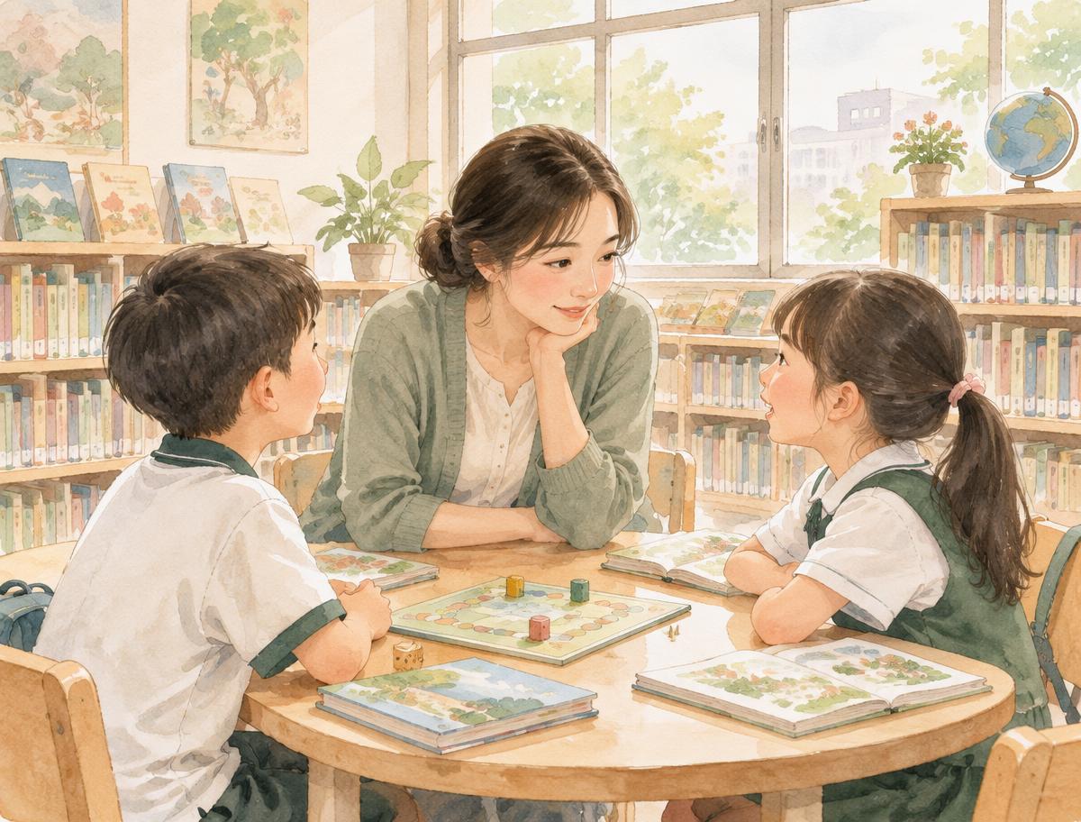 女性在校園圖書室專心聆聽孩子說話的柔彩情境插畫