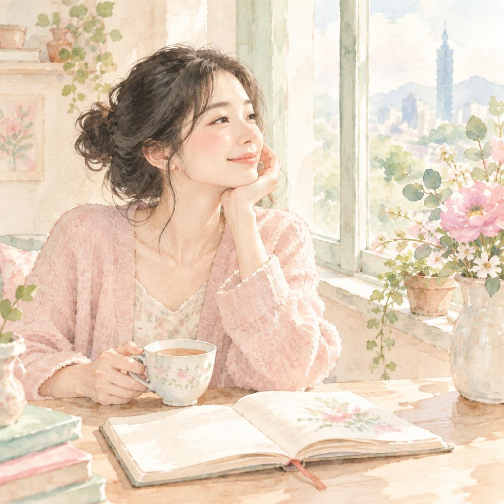 女性在窗邊喝茶寫日記、享受安靜時光的柔彩插畫